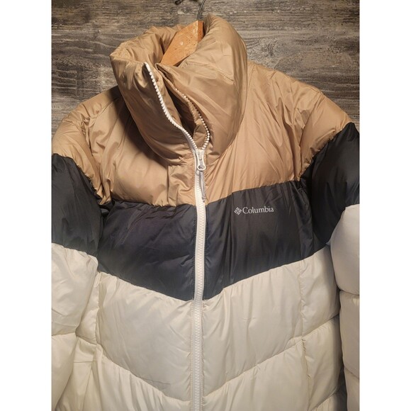 Columbia Puffect Color Blocked Jacket Cream Tan Black MSRP $160 - Womens L New - Picture 2 of 5